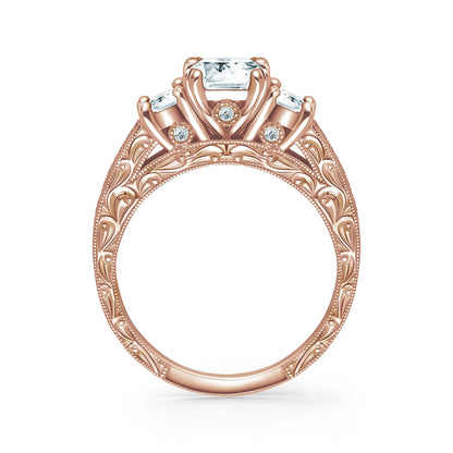 Three Stone Engraved Baguette Accent Diamond Engagement Ring