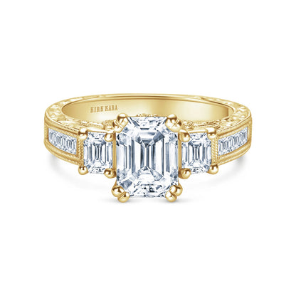 Three Stone Engraved Baguette Accent Diamond Engagement Ring