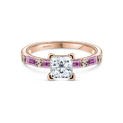 Pink Sapphire Baguette Diamond Engagement Ring