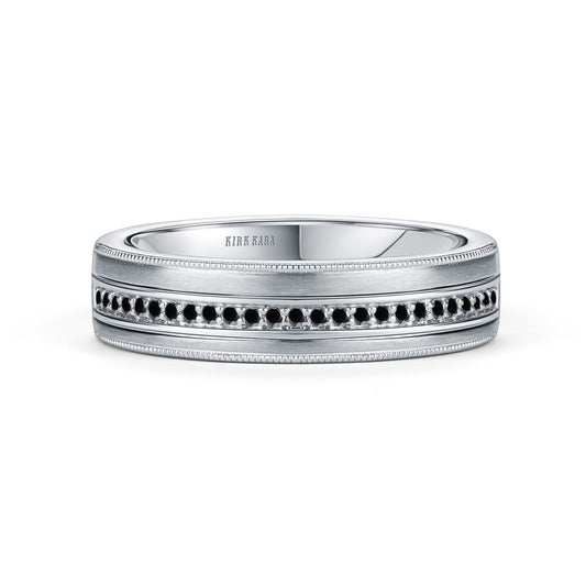 Thin Black Diamond Pavé Accent Satin Wedding Band, 5mm