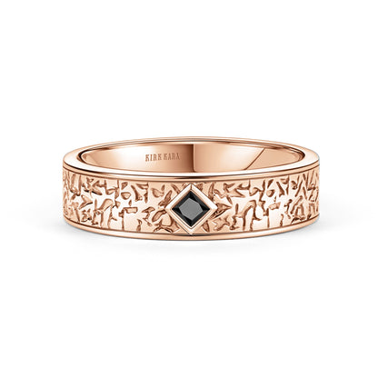 Thin Bezel Black Diamond Nugget Engraved Wedding Band, 5mm
