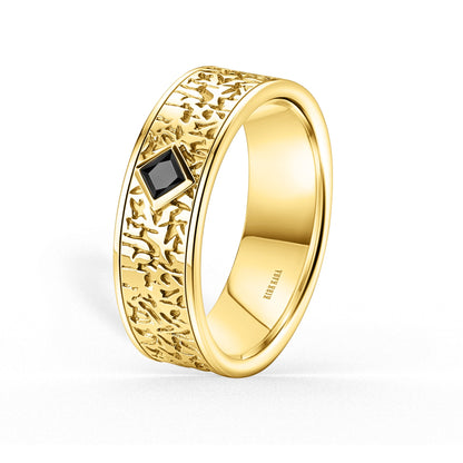 Bezel Black Diamond Nugget Engraved Wedding Band, 7mm