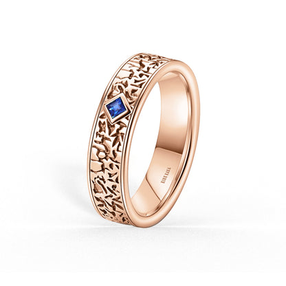 Thin Bezel Blue Sapphire Nugget Engraved Wedding Band, 5mm