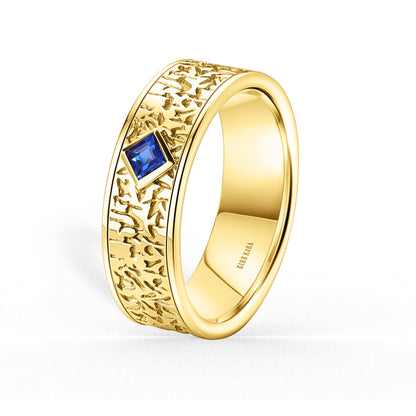 Bezel Blue Sapphire Nugget Engraved Wedding Band, 7mm