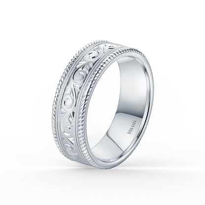Scroll Engraved Rope Milgrain Wedding Band, 7.50mm