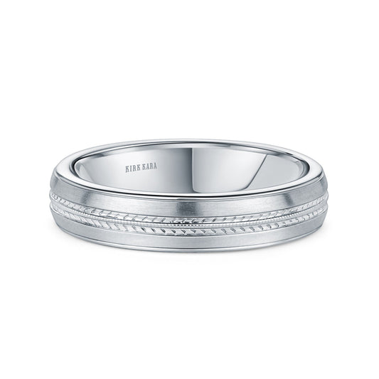 Satin Leaf Milgrain Engraved Wedding Band, 5mm