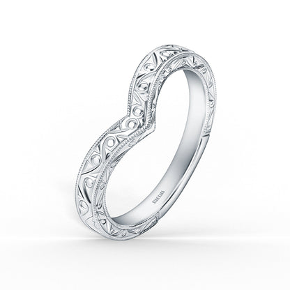 Scroll Engraved Milgrain V-Shaped Wedding Band