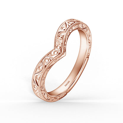 Scroll Engraved Milgrain V-Shaped Wedding Band