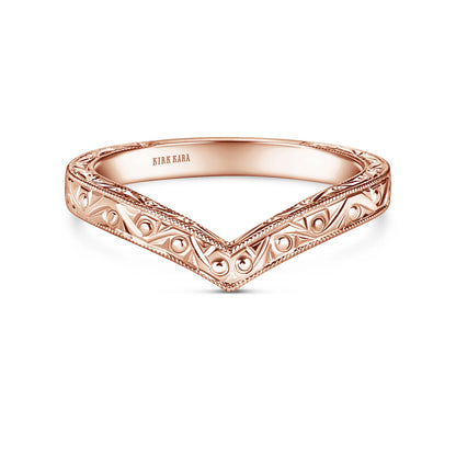 Scroll Engraved Milgrain V-Shaped Wedding Band
