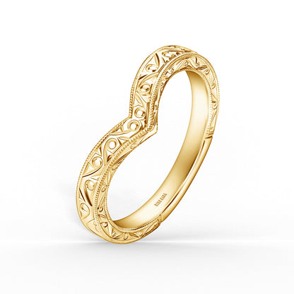 Scroll Engraved Milgrain V-Shaped Wedding Band