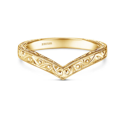 Scroll Engraved Milgrain V-Shaped Wedding Band