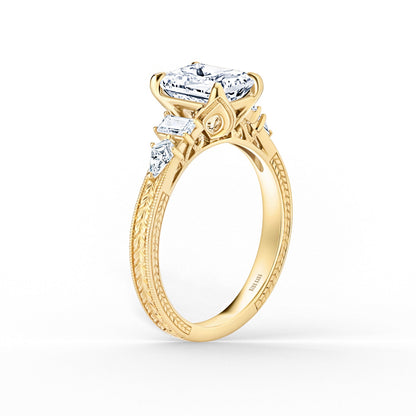 Kite Accent Engraved Cathedral Diamond Engagement Ring