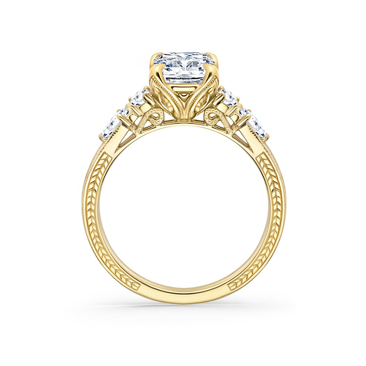 Kite Accent Engraved Cathedral Diamond Engagement Ring