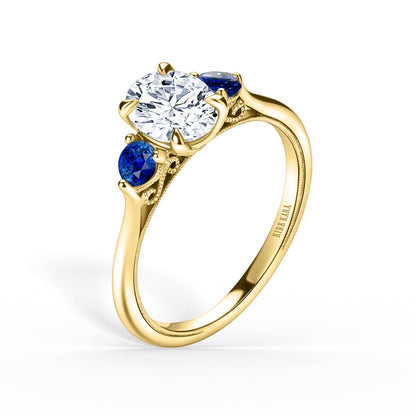 Three Stone Blue Sapphire Round Side Stone Engagement Ring