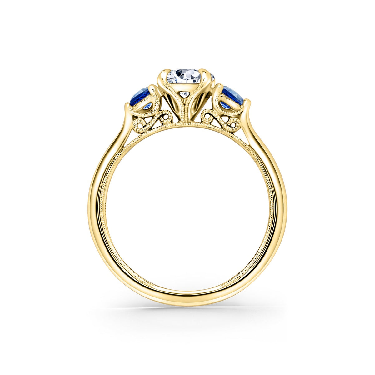 Three Stone Blue Sapphire Round Side Stone Engagement Ring