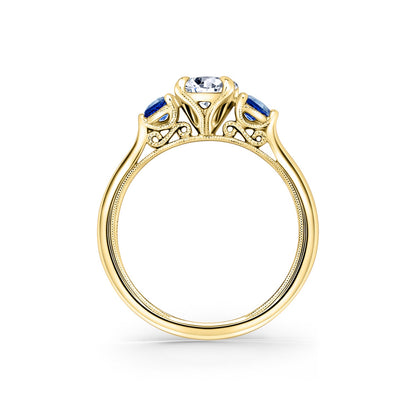 Three Stone Blue Sapphire Round Side Stone Engagement Ring