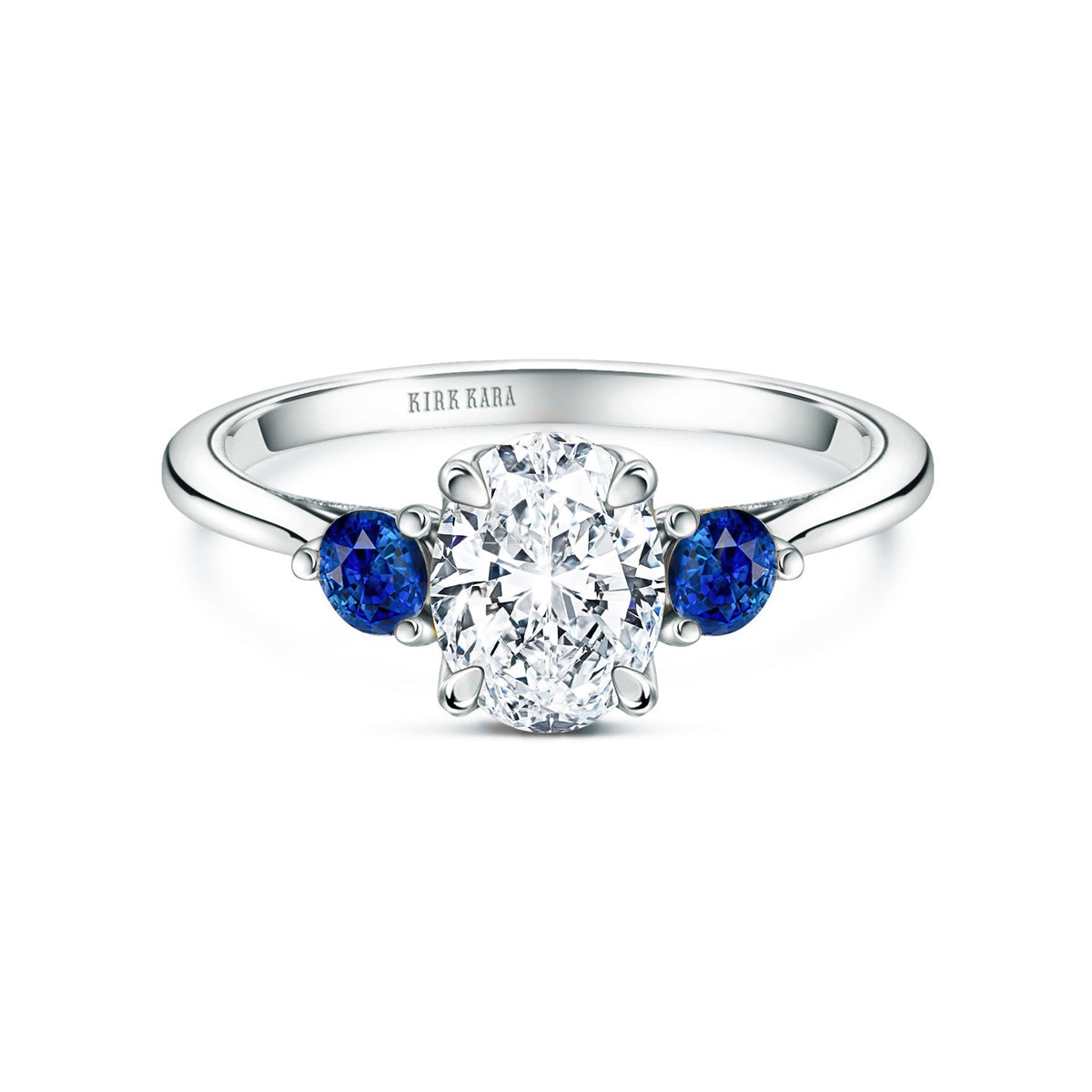 Three Stone Blue Sapphire Round Side Stone Engagement Ring