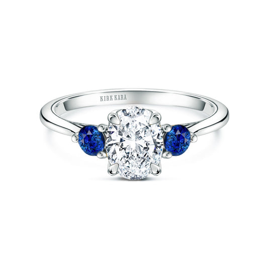 Three Stone Blue Sapphire Round Side Stone Engagement Ring