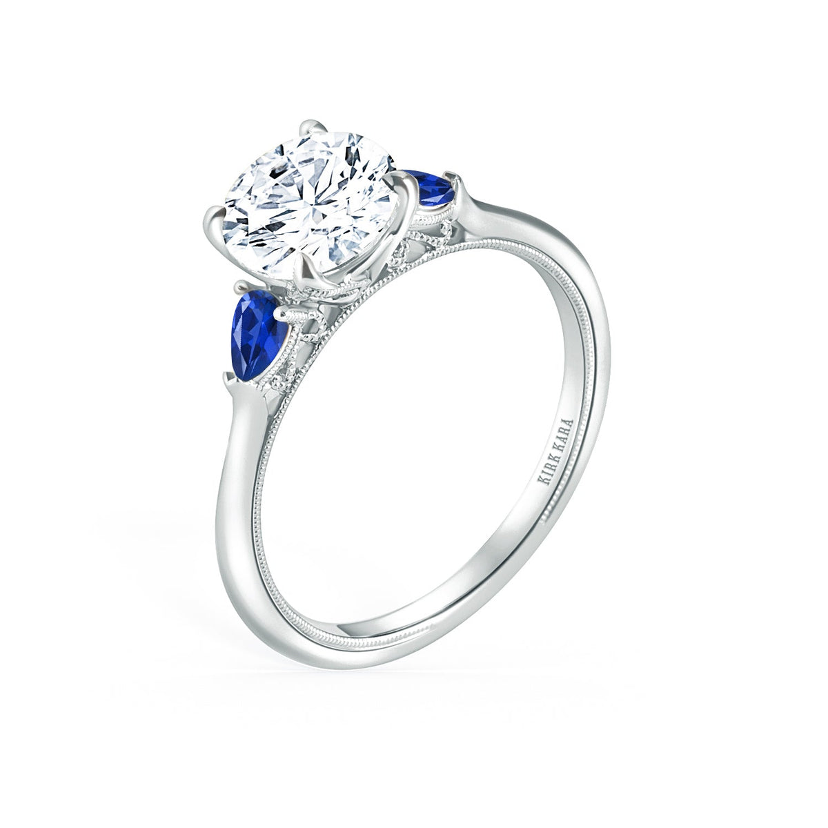 Three Stone Blue Sapphire Pear Side Stone Engagement Ring