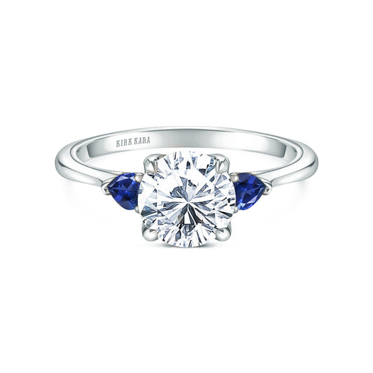Three Stone Blue Sapphire Pear Side Stone Engagement Ring