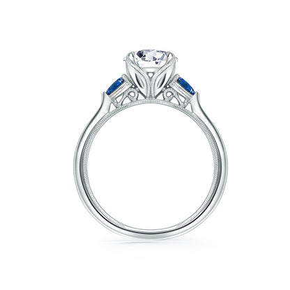 Three Stone Blue Sapphire Pear Side Stone Engagement Ring