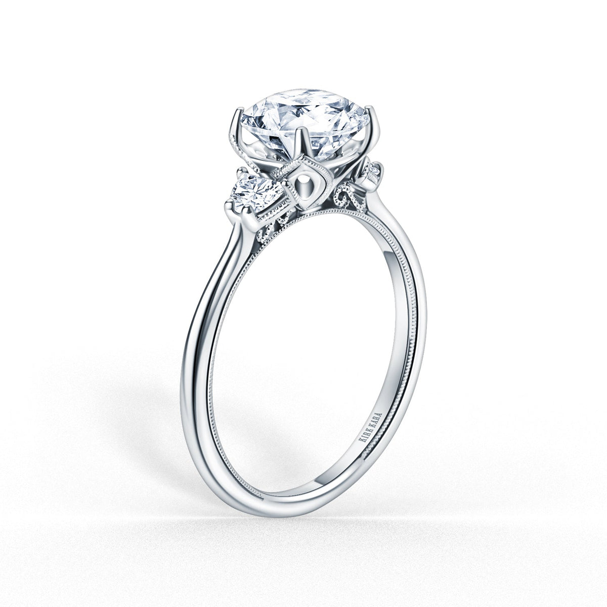 Three Stone Half Moon Side Stone Diamond Engagement Ring
