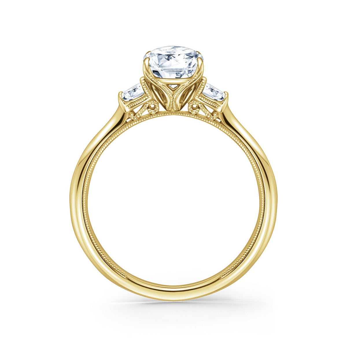 Three Stone Half Moon Side Stone Diamond Engagement Ring