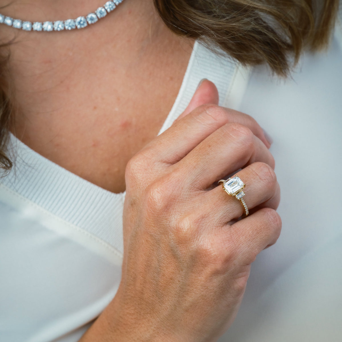 Three Stone Baguette Modern Diamond Engagement Ring