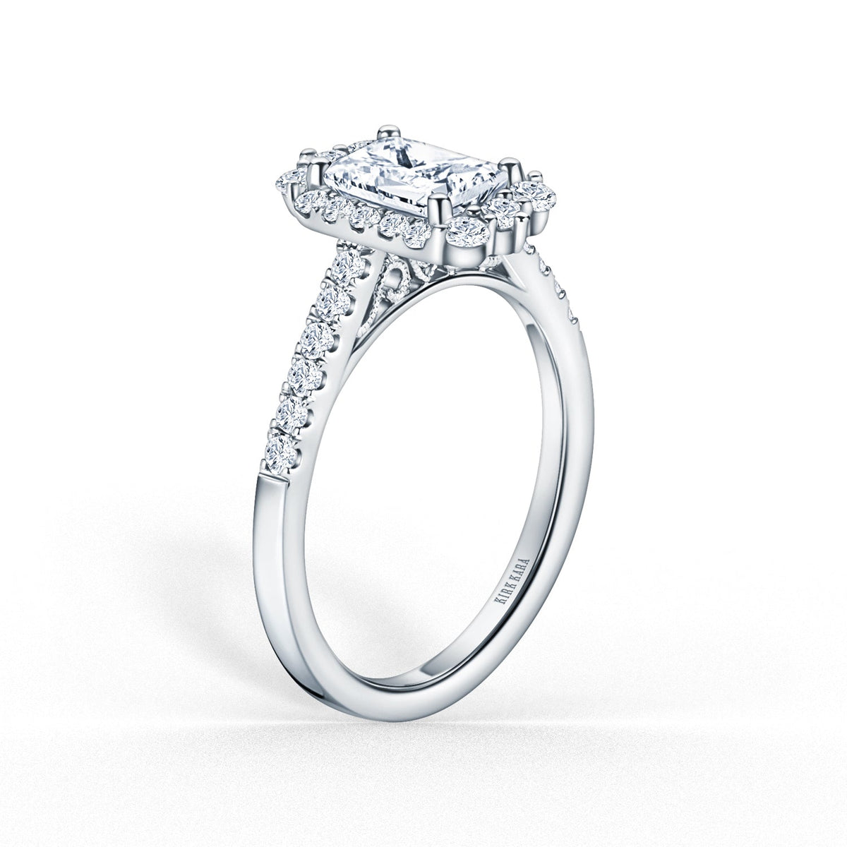 Elegant Emerald Graduated Halo Diamond Engagement Ring