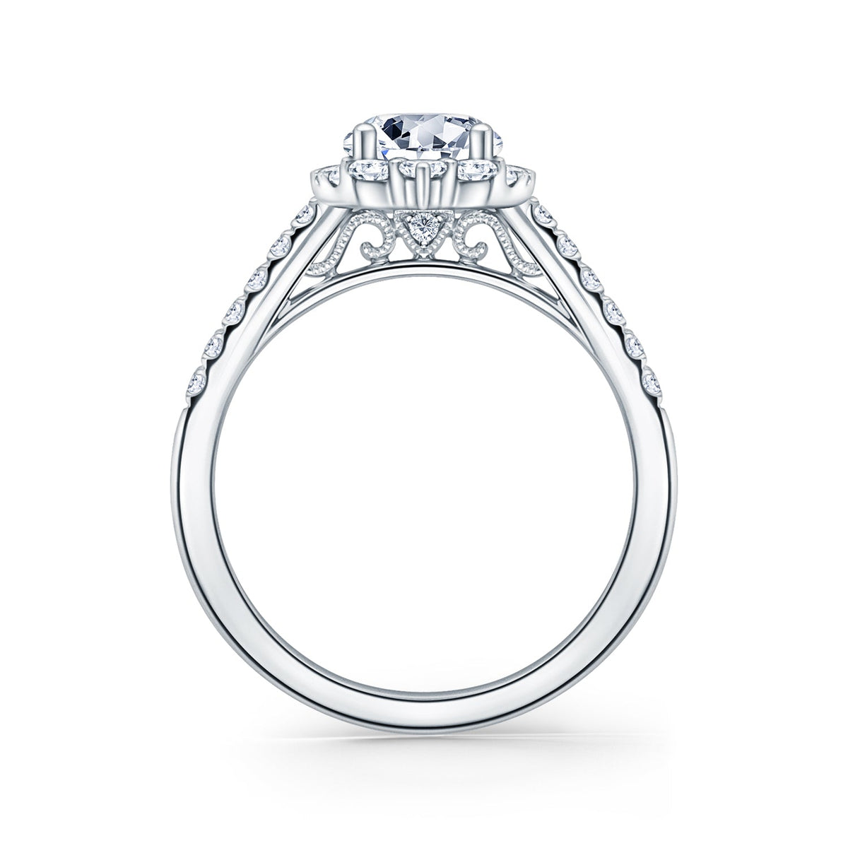 Elegant Emerald Graduated Halo Diamond Engagement Ring