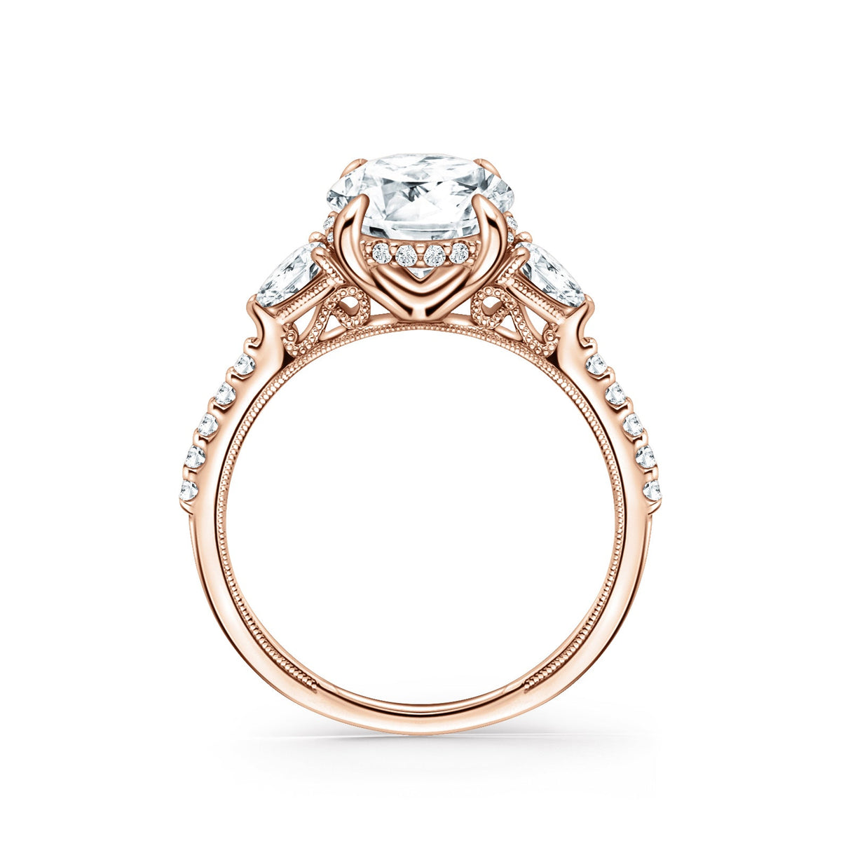 Three Stone Pear Hidden Halo Diamond Accent Engagement Ring
