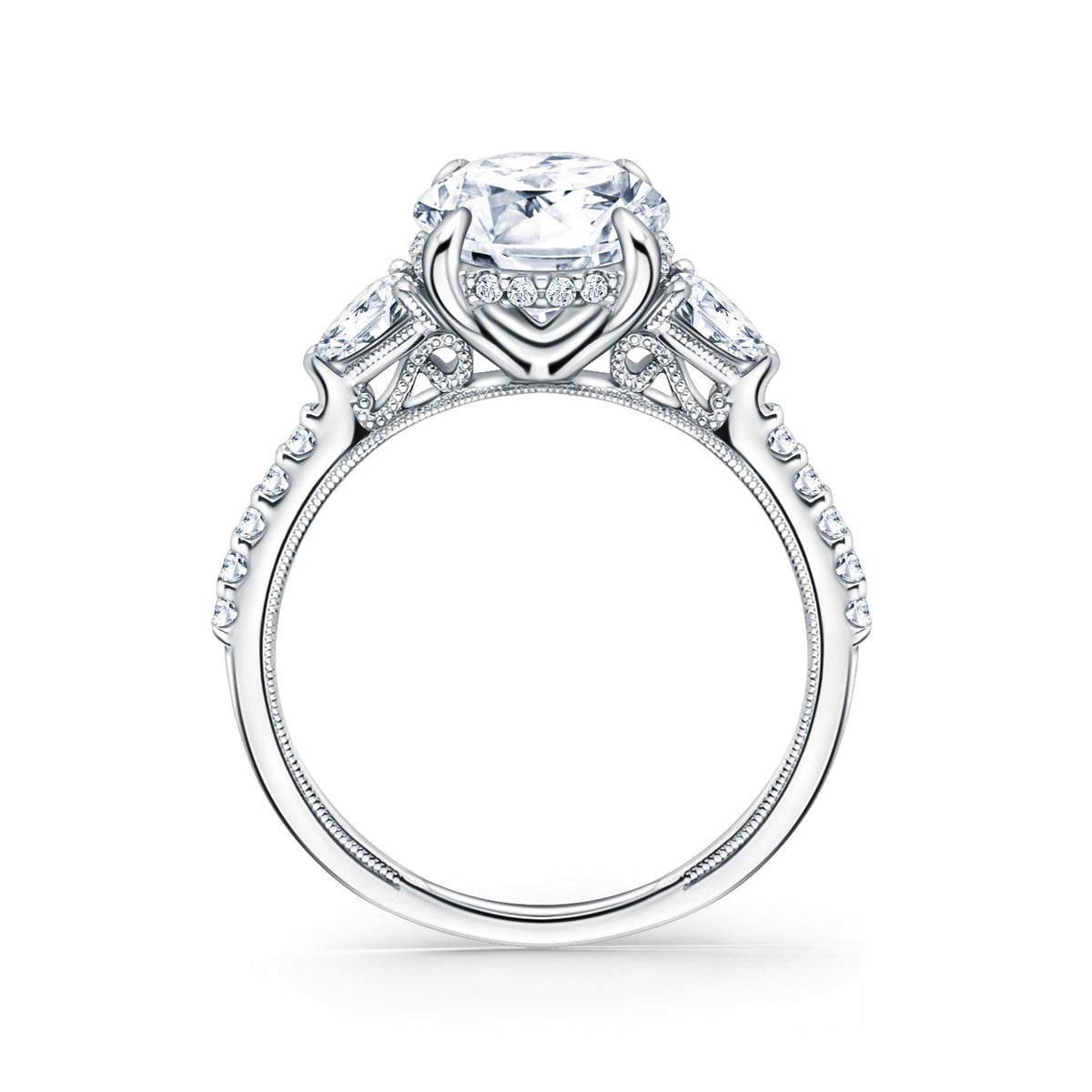 Three Stone Pear Hidden Halo Diamond Accent Engagement Ring