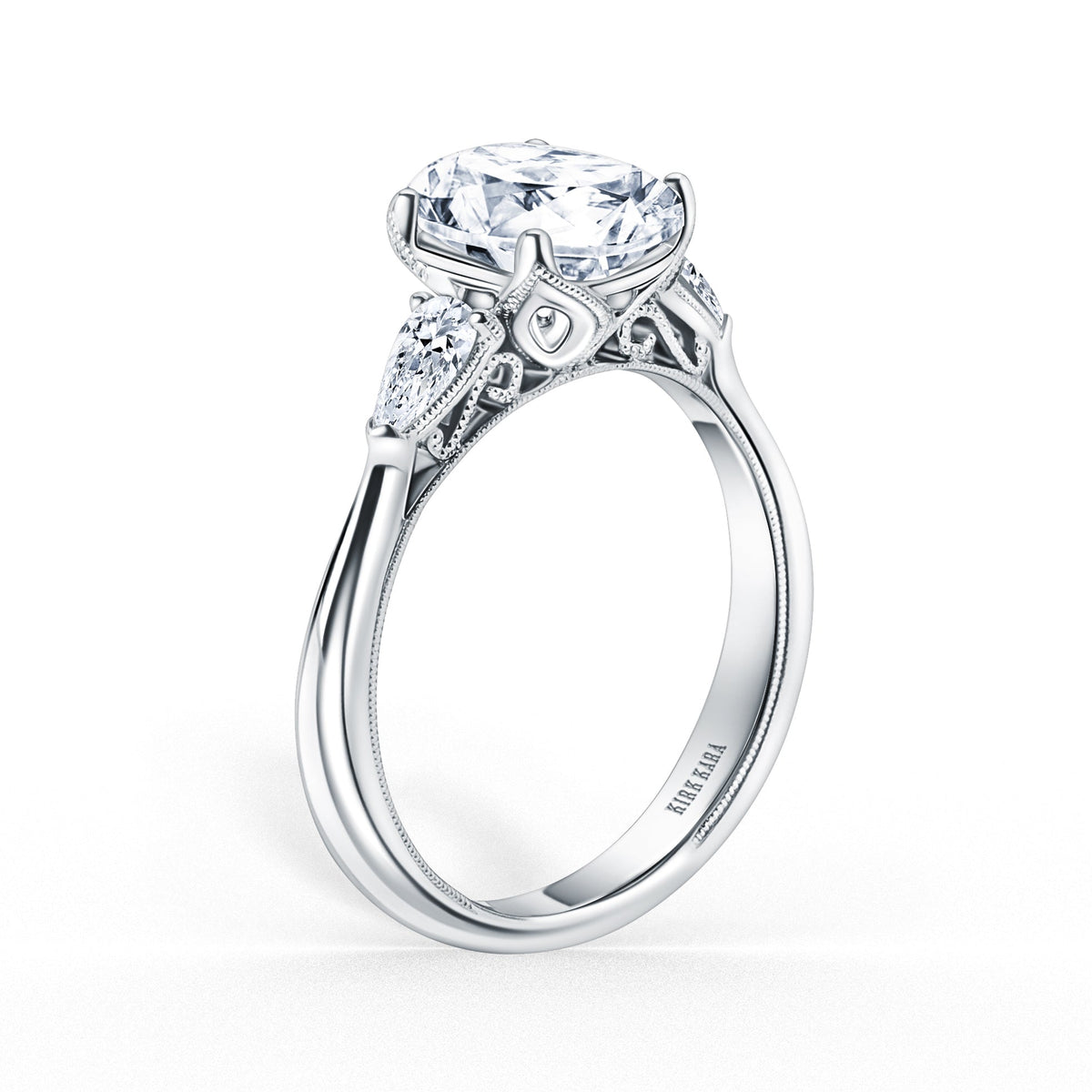 Wide Three Stone Pear Side Stone Diamond Engagement Ring