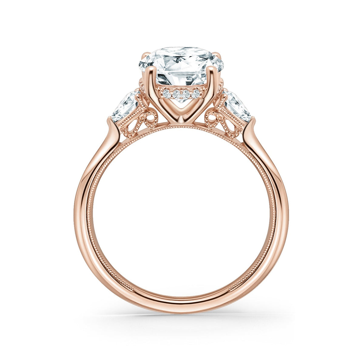 Three Stone Pear Hidden Halo Diamond Engagement Ring