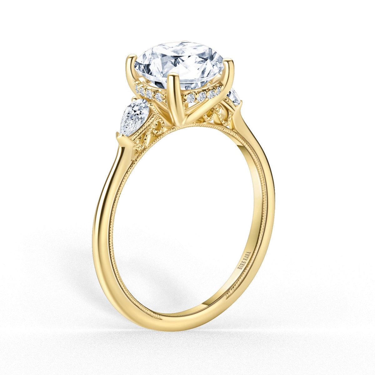 Three Stone Pear Hidden Halo Diamond Engagement Ring