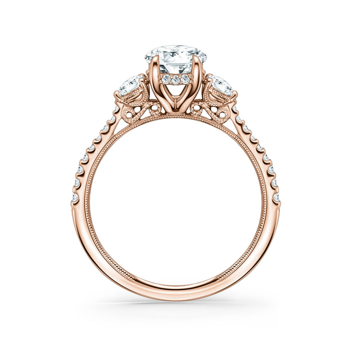 Three Stone Round Hidden Halo Diamond Engagement Ring