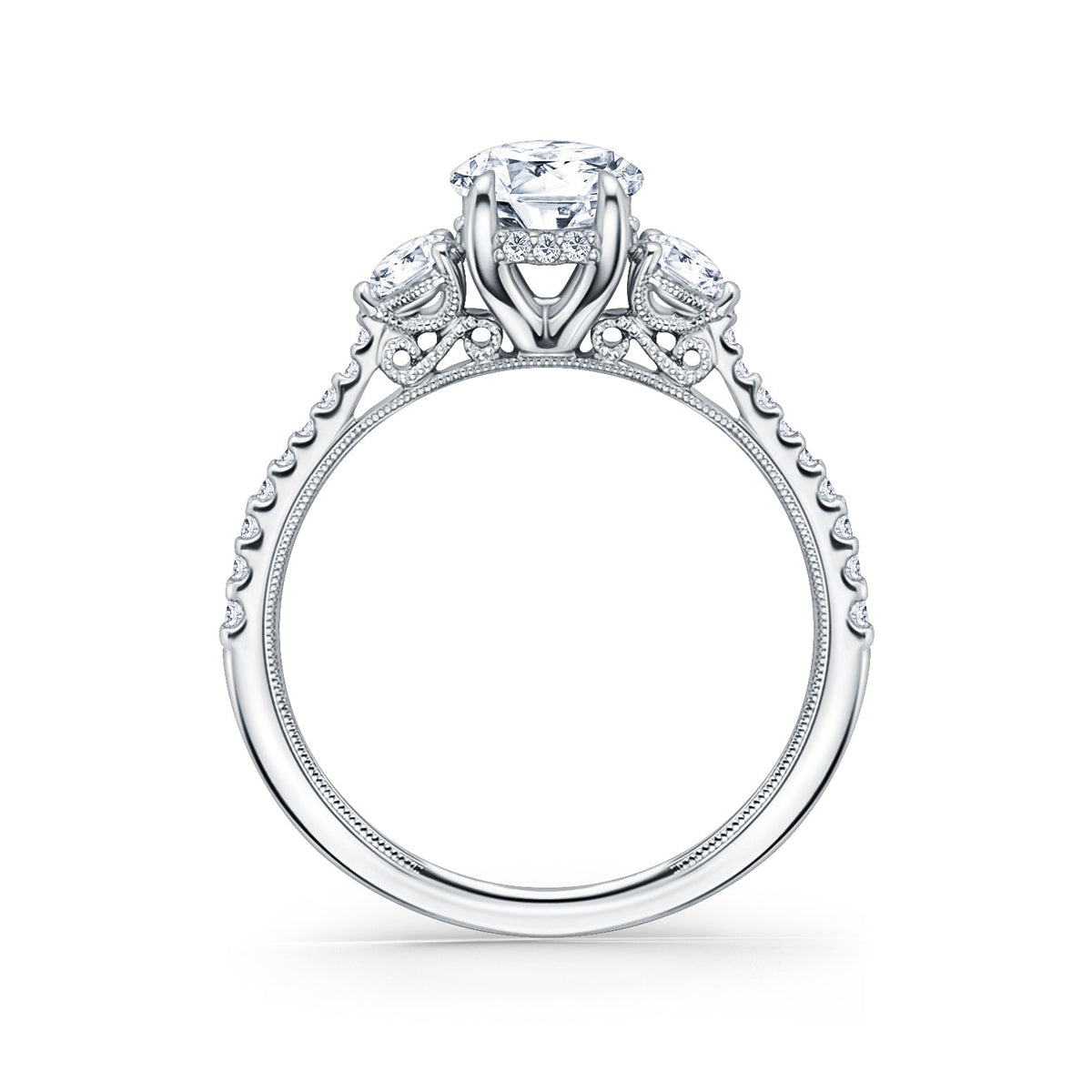 Three Stone Round Hidden Halo Diamond Engagement Ring