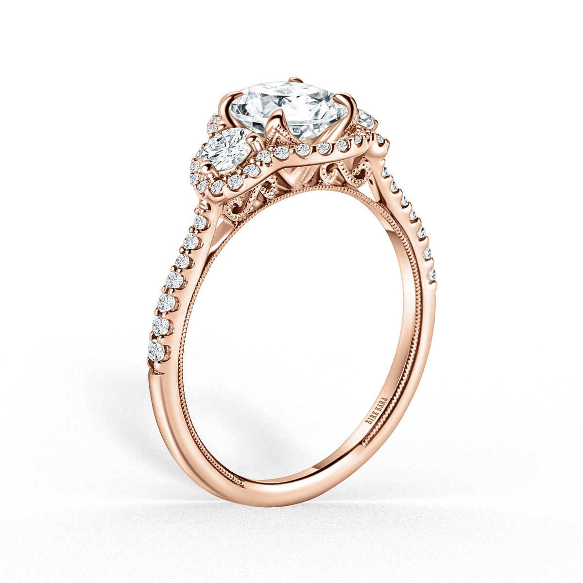 Three Stone Halo Round Side Stone Diamond Engagement Ring