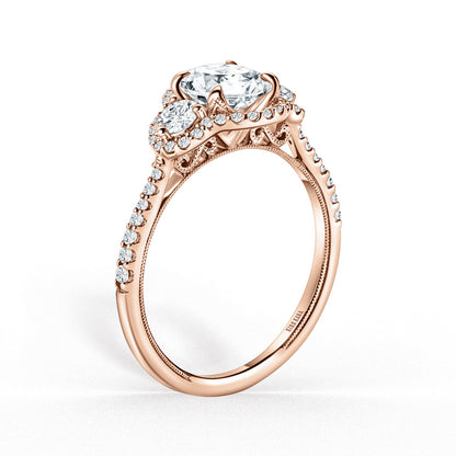 Three Stone Halo Round Side Stone Diamond Engagement Ring