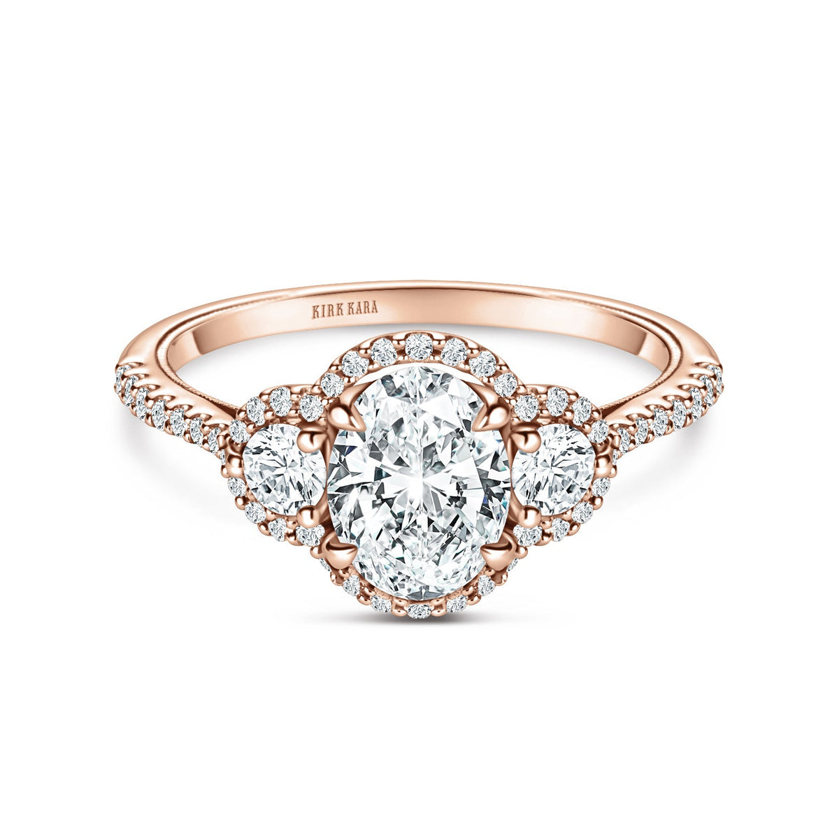Three Stone Halo Round Side Stone Diamond Engagement Ring