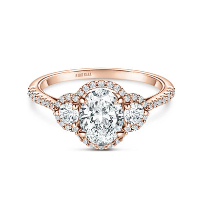 Three Stone Halo Round Side Stone Diamond Engagement Ring