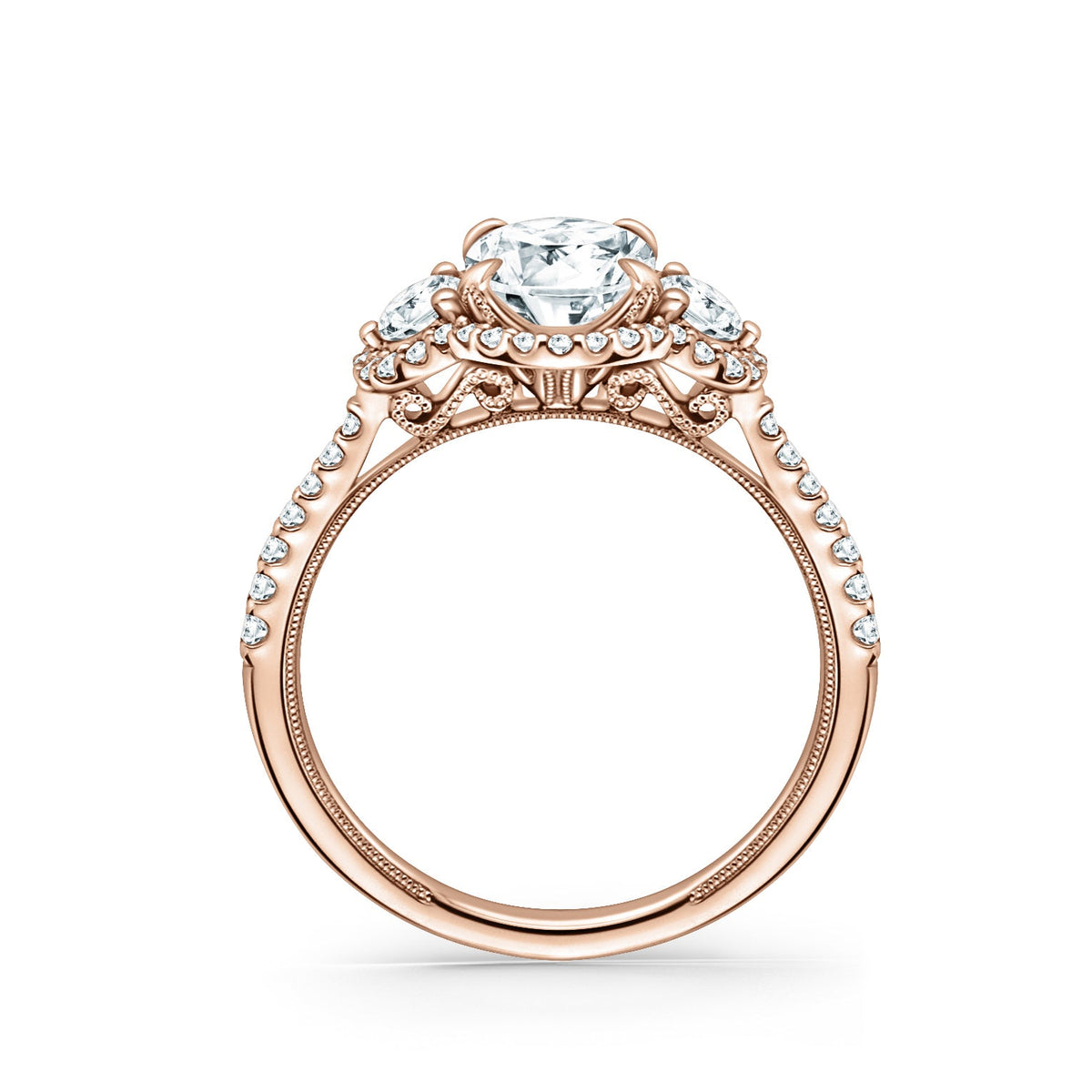 Three Stone Halo Round Side Stone Diamond Engagement Ring