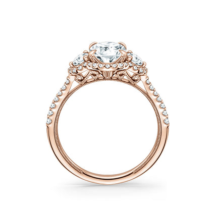 Three Stone Halo Round Side Stone Diamond Engagement Ring