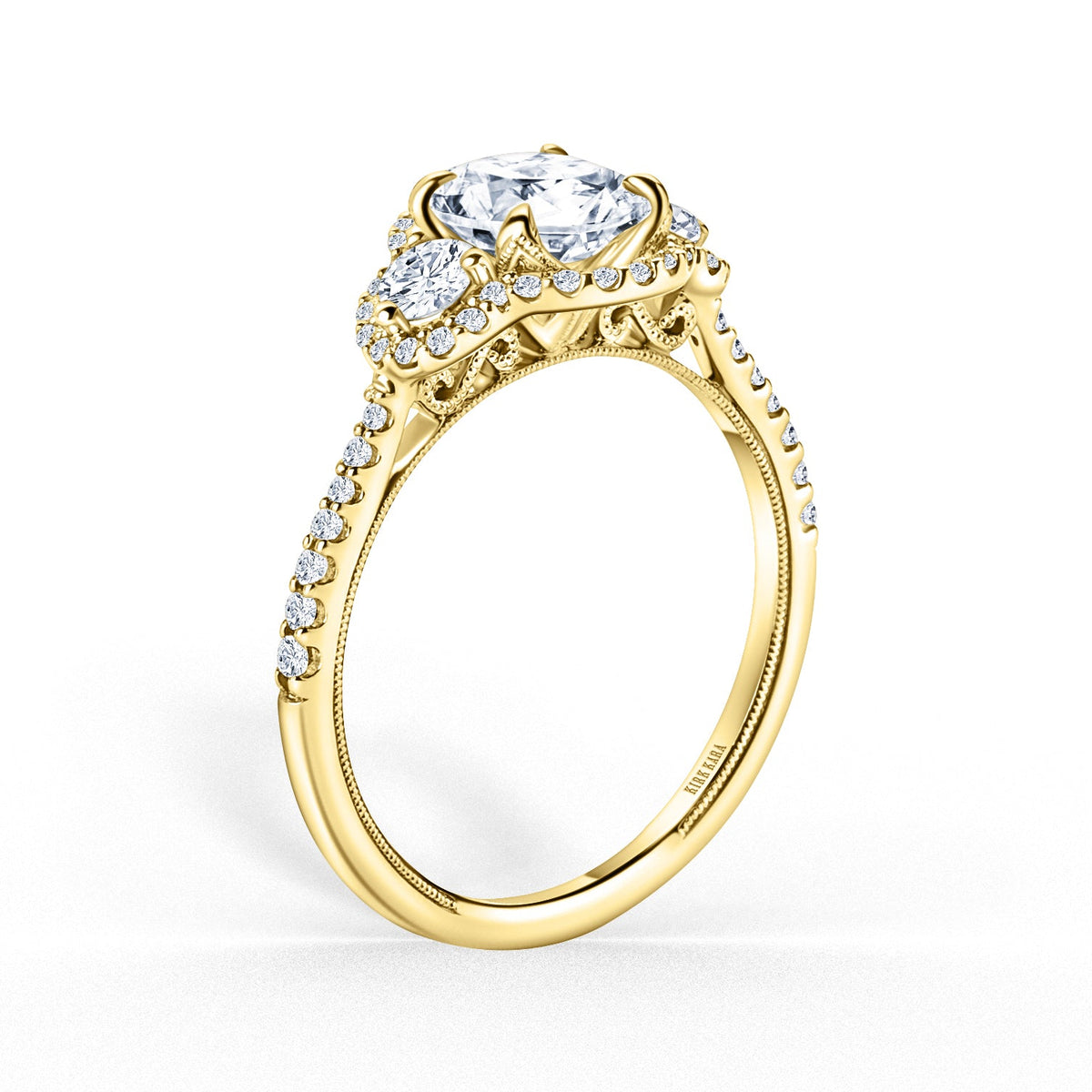 Three Stone Halo Round Side Stone Diamond Engagement Ring
