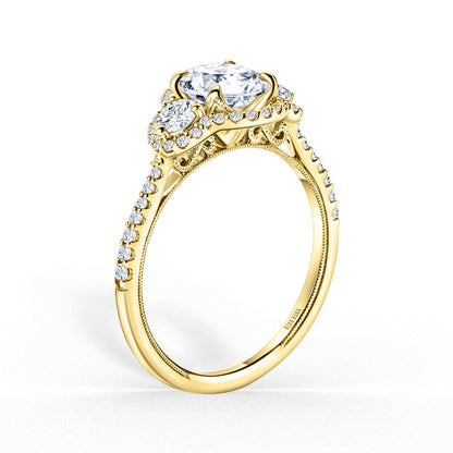 Three Stone Halo Round Side Stone Diamond Engagement Ring