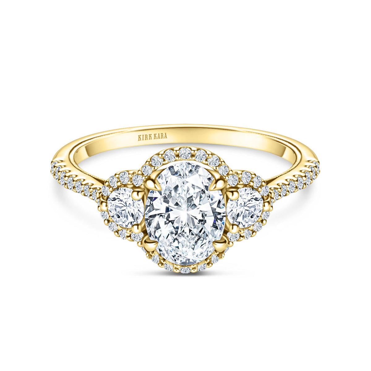 Three Stone Halo Round Side Stone Diamond Engagement Ring