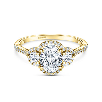 Three Stone Halo Round Side Stone Diamond Engagement Ring
