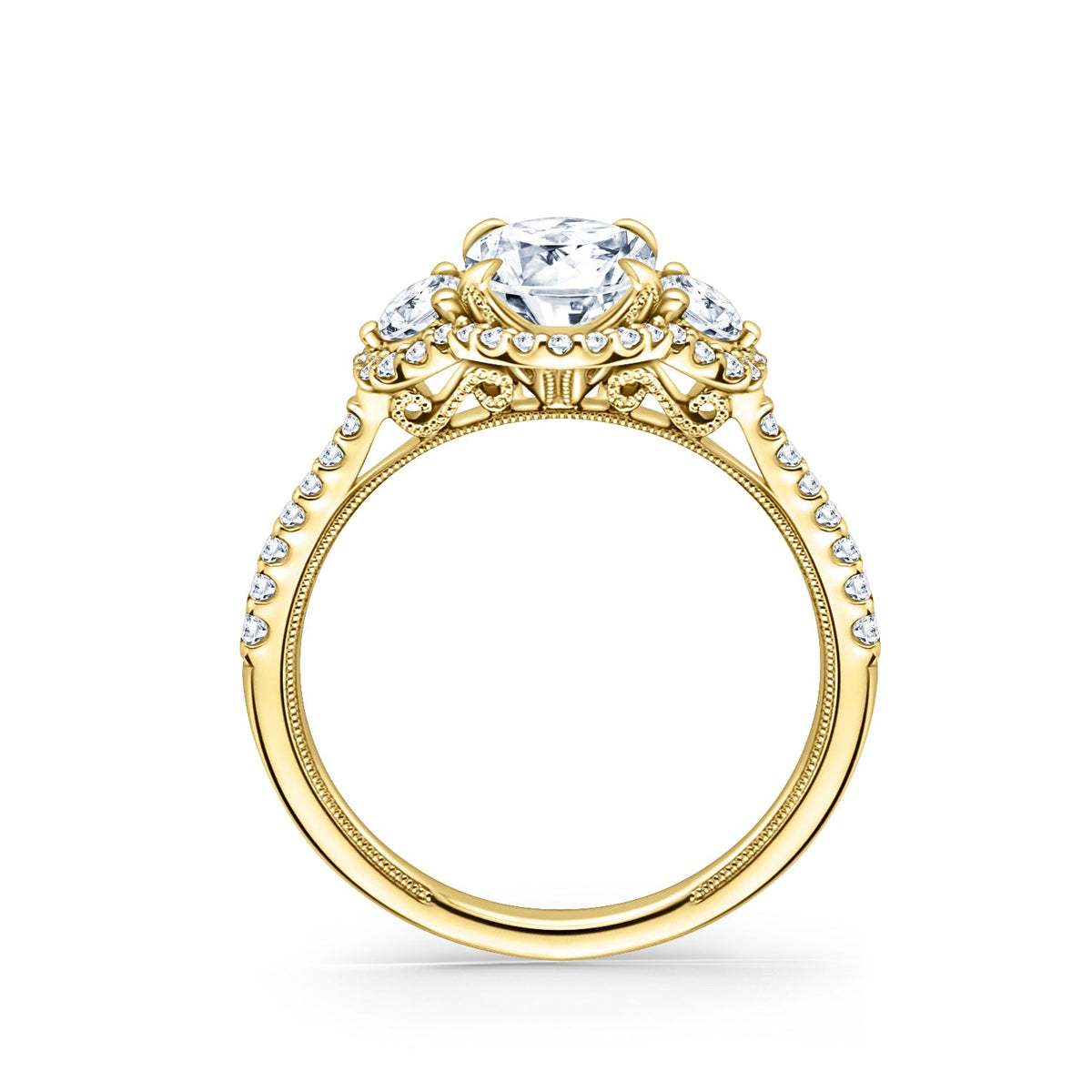 Three Stone Halo Round Side Stone Diamond Engagement Ring