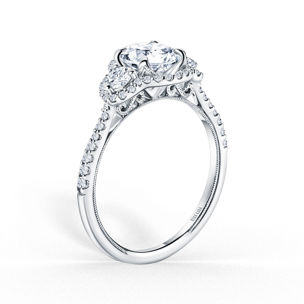 Three Stone Halo Round Side Stone Diamond Engagement Ring