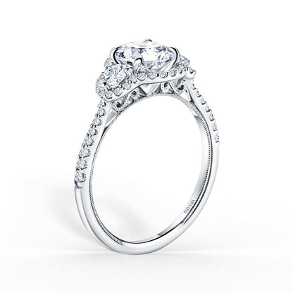 Three Stone Halo Round Side Stone Diamond Engagement Ring